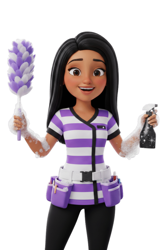 Deep Southern Clean mascot, an animated female cleaner, smiling while holding a duster for home, apartment, and business cleaning services.